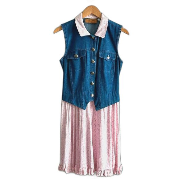 Dresses & Skirts - Vtg Lucia Lukken Broom Skirts Dress Blue Denim Vest Pink Floral Skirt Size Small